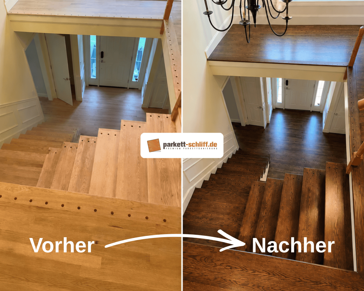 Treppe abschleifen und färben: Vorher/Nachher Vergleichs Foto